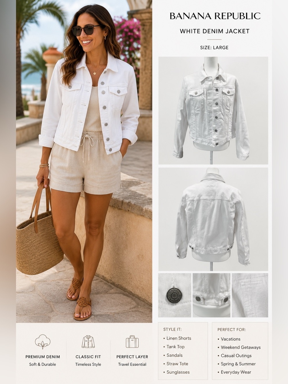 Banana Republic White Denim Jacket - Women's Classic Button-Front L NWT